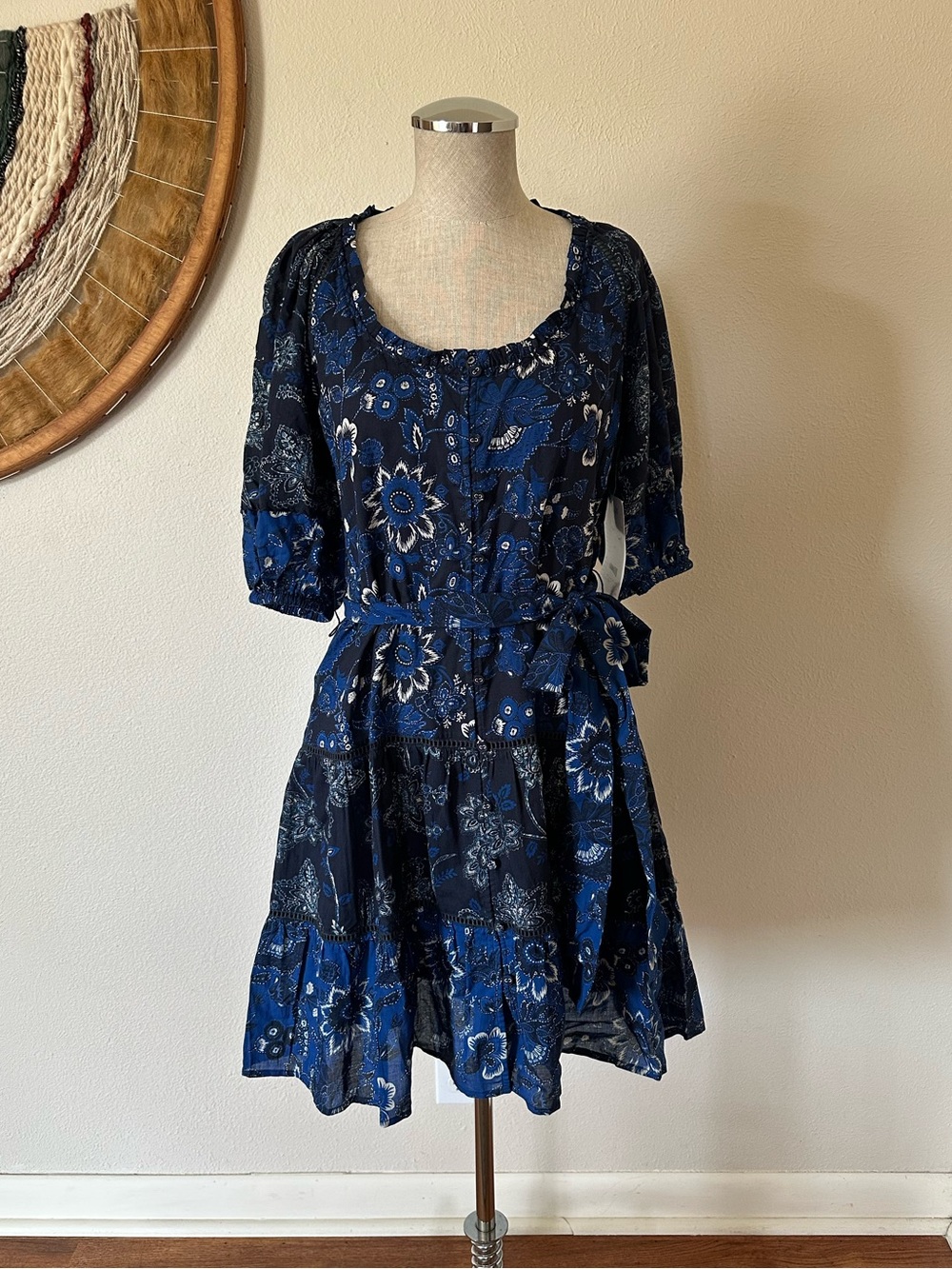 Sundance Blue floral Mini Dress Puff Sleeves Sample Woman's Small